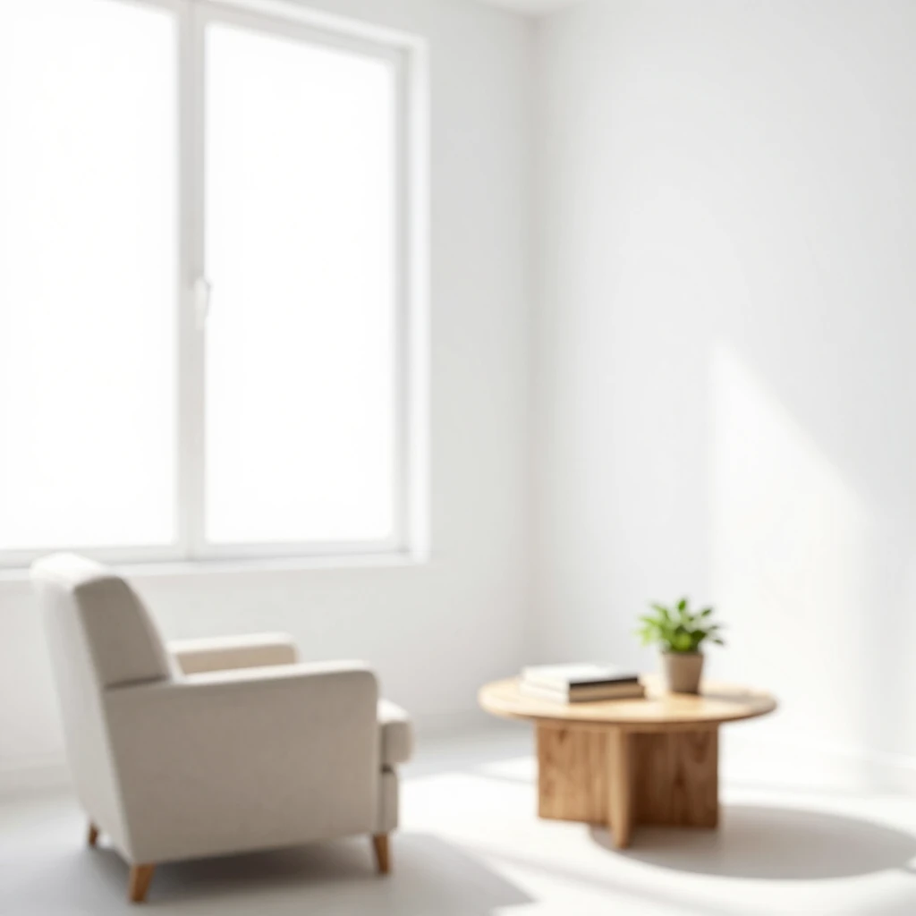 Ein minimalistisches Wohnzimmer mit einem Sessel, einem Tisch und einer Pflanze.