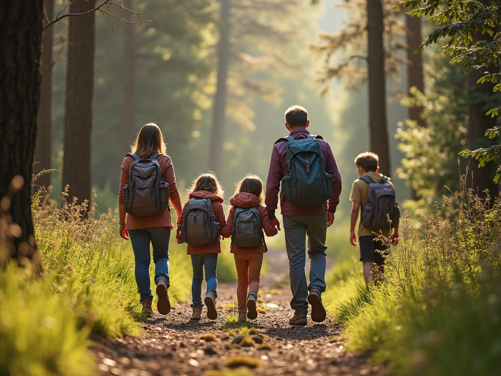 Eine Familie wandert gemeinsam auf einem Waldweg in der Natur.