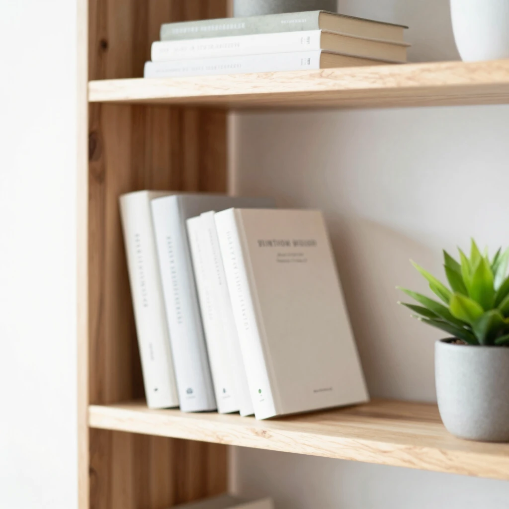 Minimalistisches Bücherregal mit ausgewählten Büchern zu Minimalismus und Nachhaltigkeit