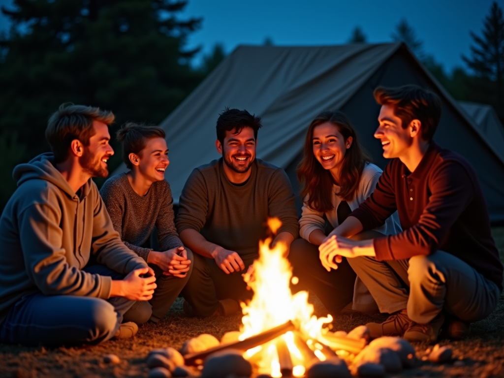 Eine Gruppe von Freunden sitzt um ein Lagerfeuer und genießt die Gesellschaft.