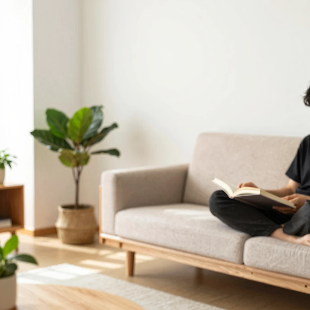 Ein ruhiges, minimalistisches Wohnzimmer mit natürlichem Licht, Pflanzen und einer entspannt lesenden Person