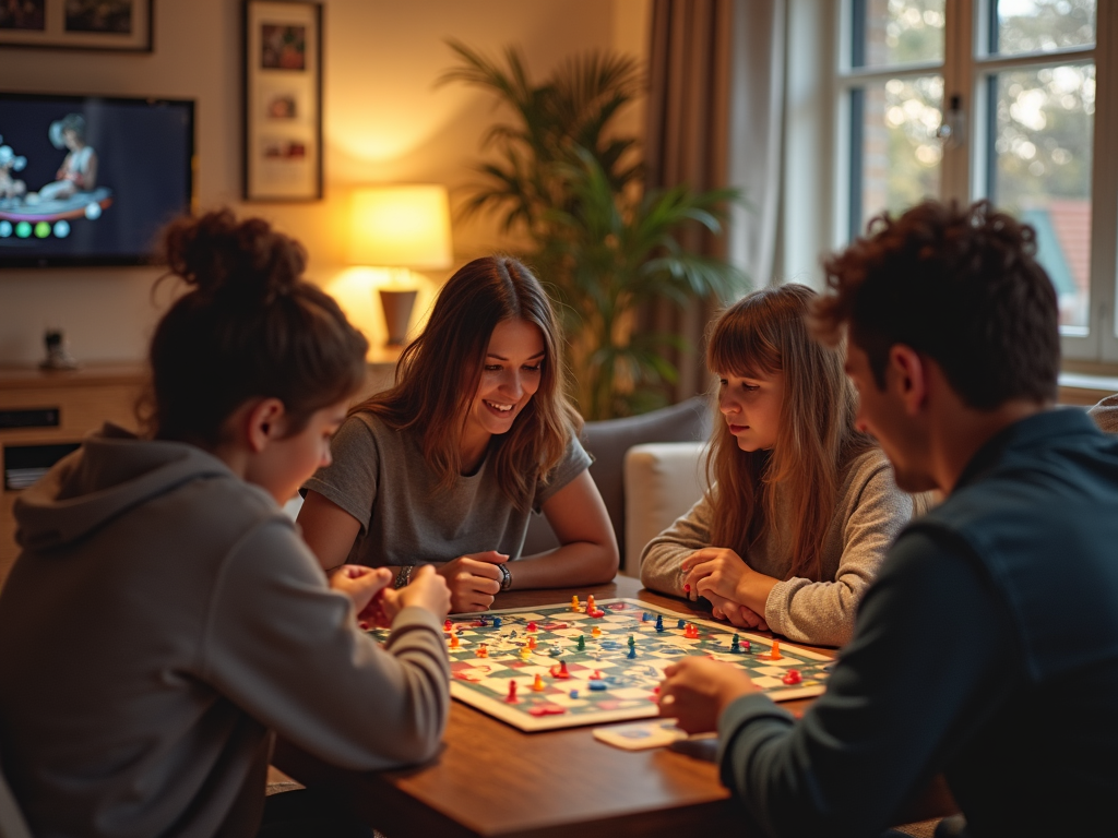 Eine Familie spielt gemeinsam ein Brettspiel im Wohnzimmer ohne elektronische Geräte.