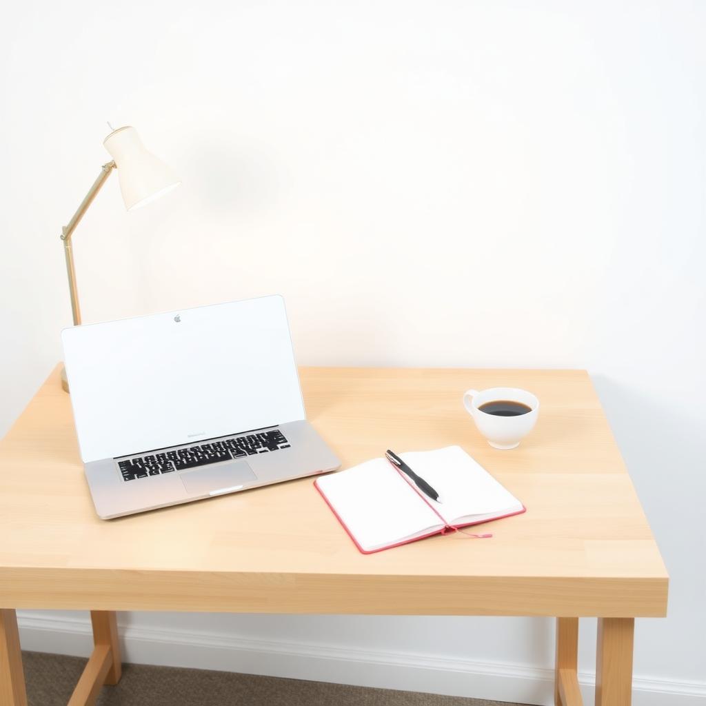 Ein aufgeräumter Schreibtisch mit Laptop, Notizbuch und Stift, aus hellem Holz, vor einer weißen Wand, beleuchtet von einer kleinen Lampe mit einer Tasse Kaffee daneben.