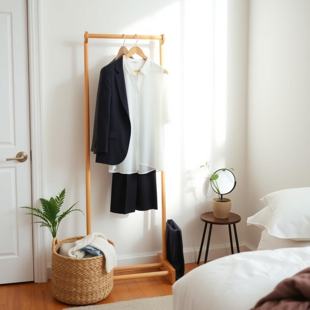 Ein gemütlicher Schlafzimmereck mit minimalistischem Kleiderständer, weißer Bluse, navy Blazer, schwarzer Hose, geflochtenem Korb mit Schals, einer Pflanze und einem kleinen Spiegel.