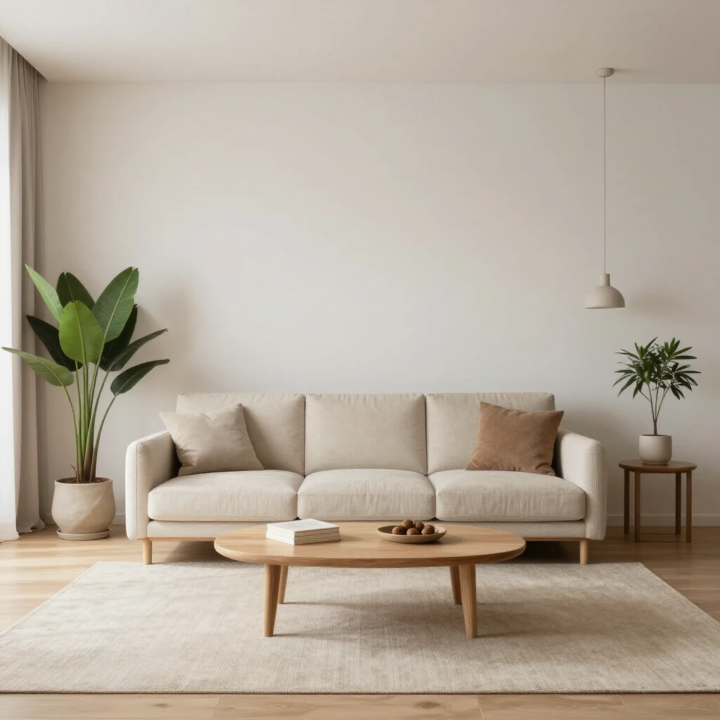 Ein helles, minimalistisches Wohnzimmer mit neutralen Farben, wenigen Möbelstücken, Pflanzen und viel natürlichem Licht