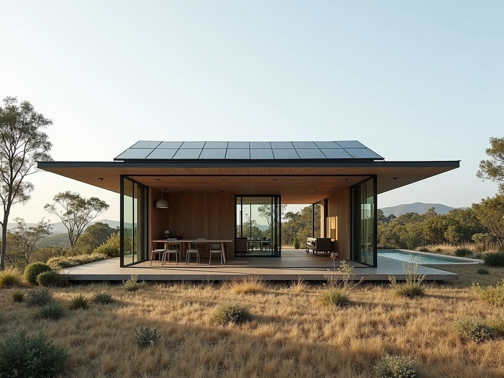 Ein modernes minimalistisches Haus mit Flachdach, großen Glasfenstern, Solarpaneelen und einem kleinen Garten mit einheimischen Pflanzen.