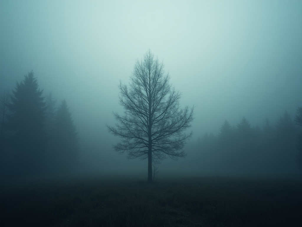 Nebeliger Wald mit einem einzelnen Baum, beleuchtet von diffusem Licht