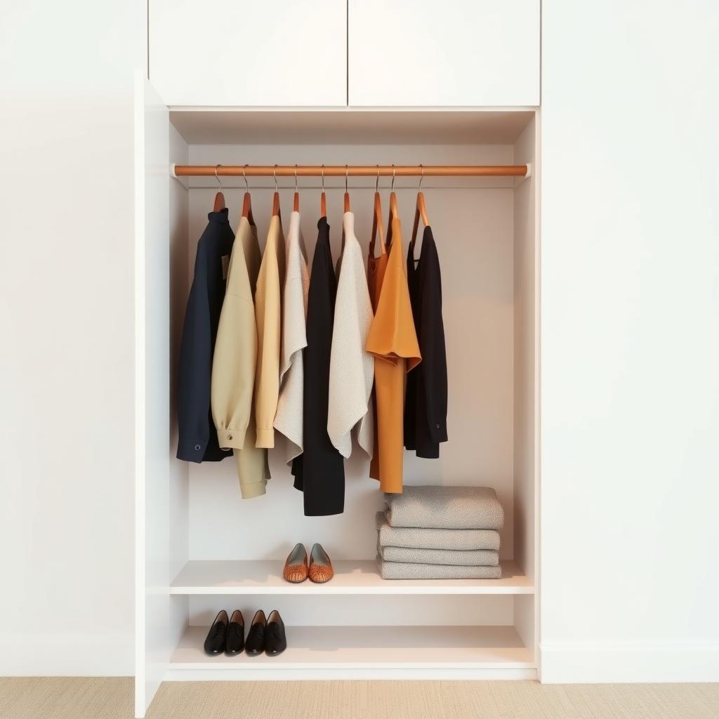 Ein ordentlich organisierter minimalistischer Kleiderschrank mit wenigen Kleidungsstücken an Holzbügeln und einer kleinen Auswahl an Schuhen und Pullovern.