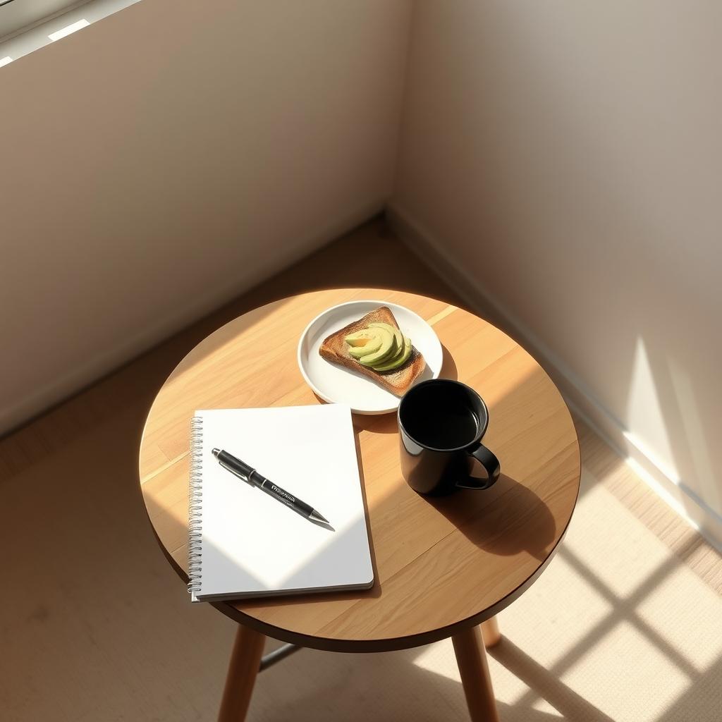 Eine ruhige Morgenszene mit einem minimalistischen Frühstück auf einem kleinen Holztisch, bestehend aus einem Teller mit Toast und Avocado, einer Tasse schwarzem Kaffee und einem Notizbuch mit Stift, beleuchtet von weichem Sonnenlicht.