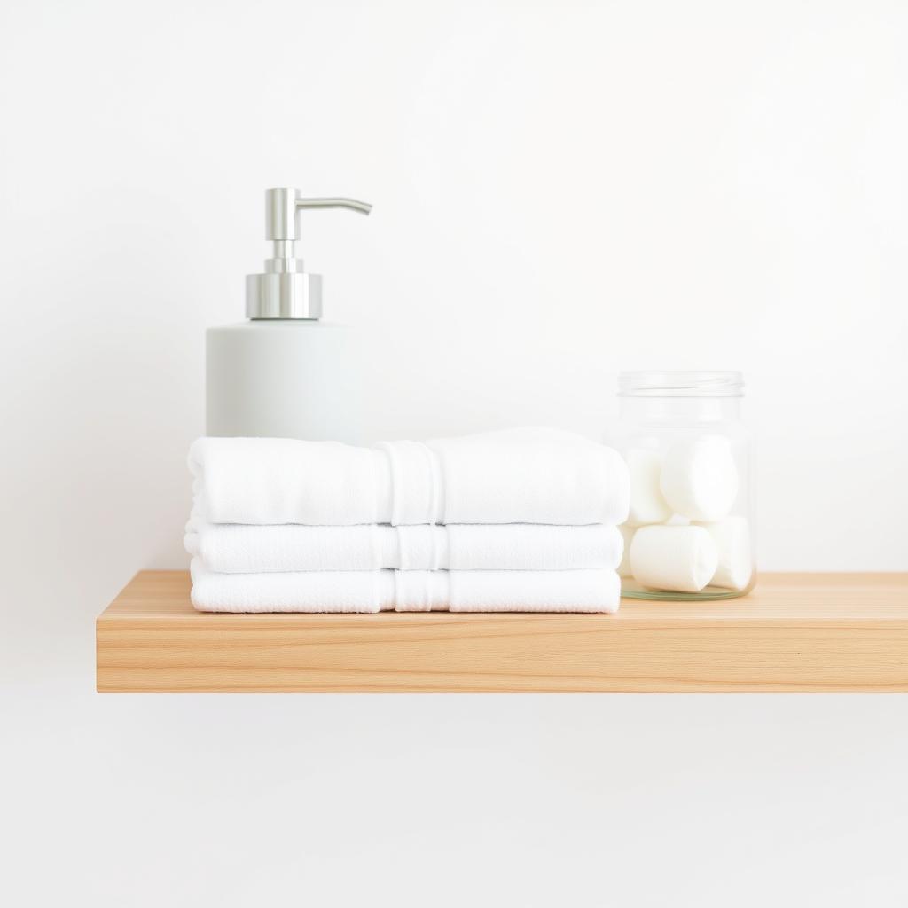 Minimalistisches Badezimmerregal aus hellem Eichenholz mit weißen Handtüchern, Seifenspender und Glasbehälter.