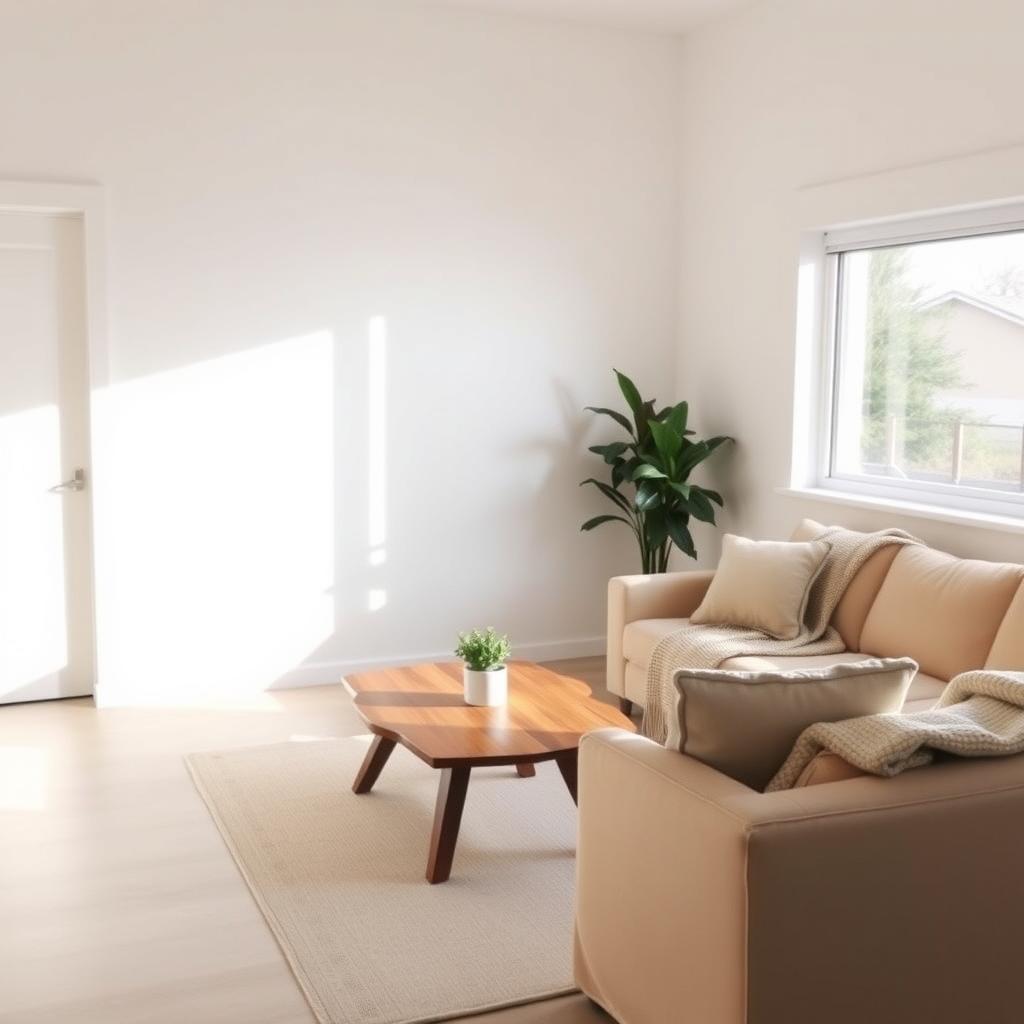 Ein minimalistisches Wohnzimmer mit einem einfachen Holztisch, einer Pflanze und einem beigen Sofa, beleuchtet durch ein großes Fenster.