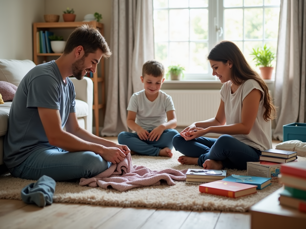 Eine Familie räumt gemeinsam das Wohnzimmer auf
