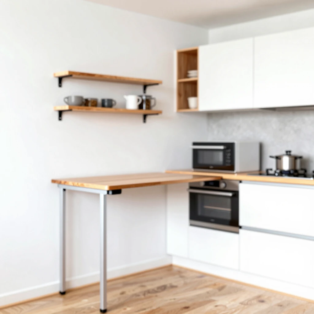 Kleine moderne Küche mit platzsparenden Möbeln wie Klapptisch, Wandregalen und multifunktionalen Geräten in hellem, minimalistischem Design