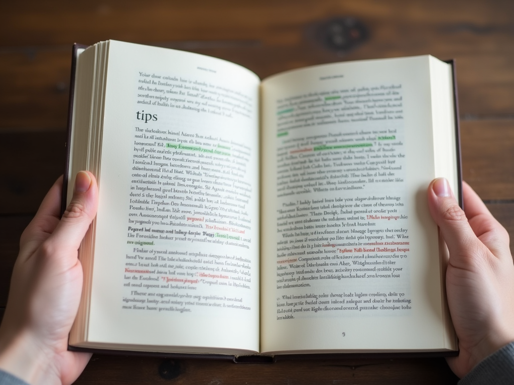 Hände halten ein Minimalismus Buch mit markierten Passagen