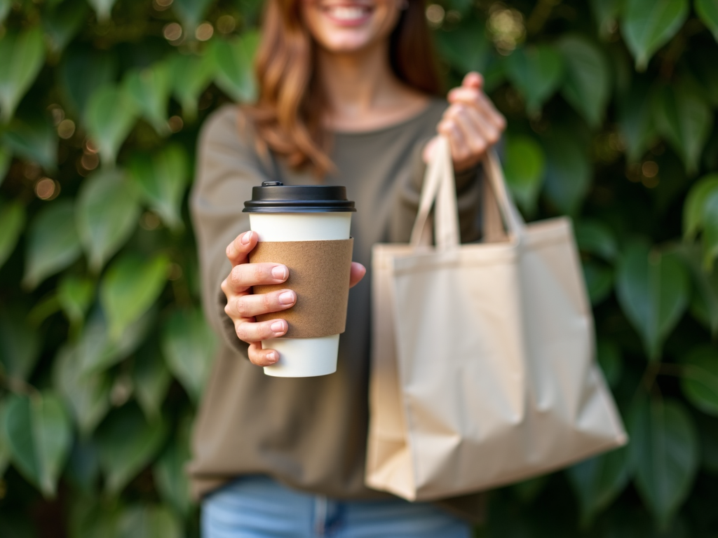 Eine Person mit einer wiederverwendbaren Kaffeetasse und einer Stoff-Einkaufstasche vor einem grünen Hintergrund.