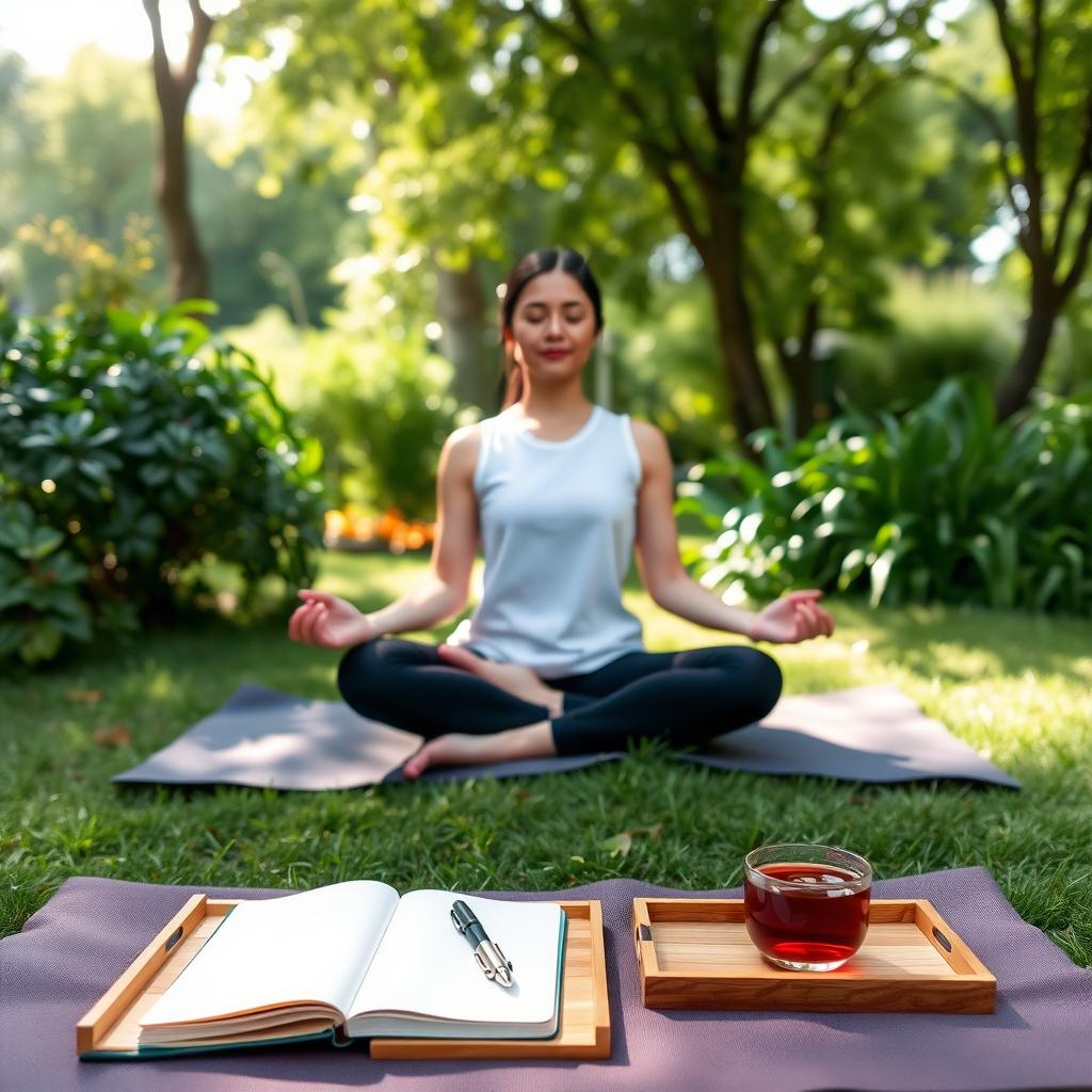 Eine Person meditiert auf einer Yogamatte in einem grünen Garten, umgeben von Sonnenlicht, mit einem Notizbuch und einer Tasse Tee in der Nähe.