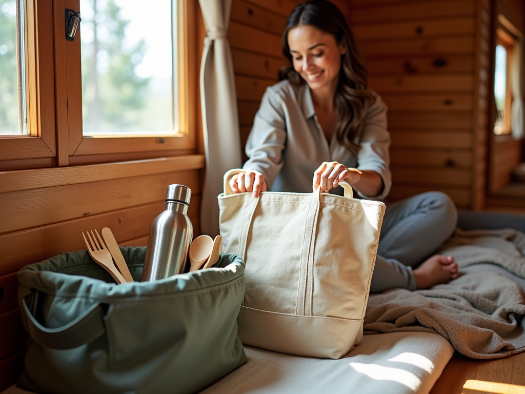 Ein Reisender packt in einer Holzhütte wiederverwendbare Gegenstände aus.