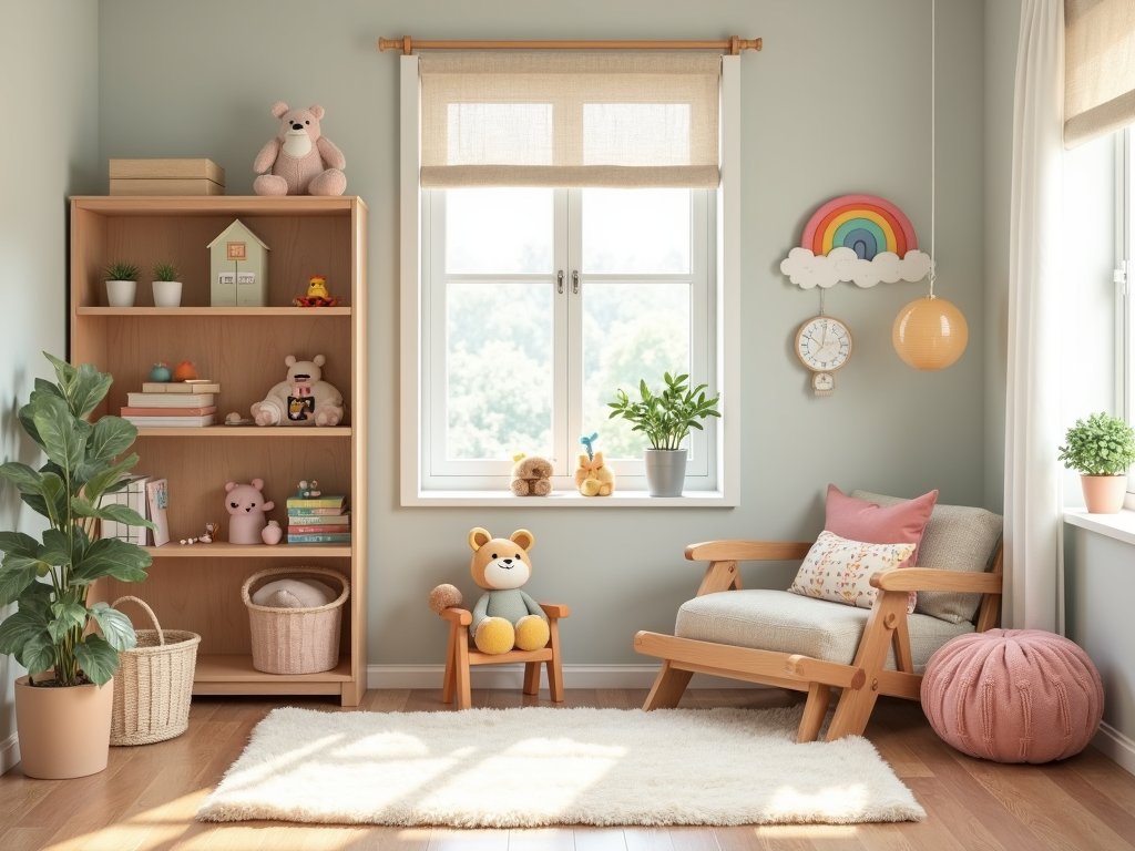 Ein aufgeräumtes Kinderzimmer mit ausgewählten Spielzeugen auf Regalen und einem gemütlichen Lesebereich.
