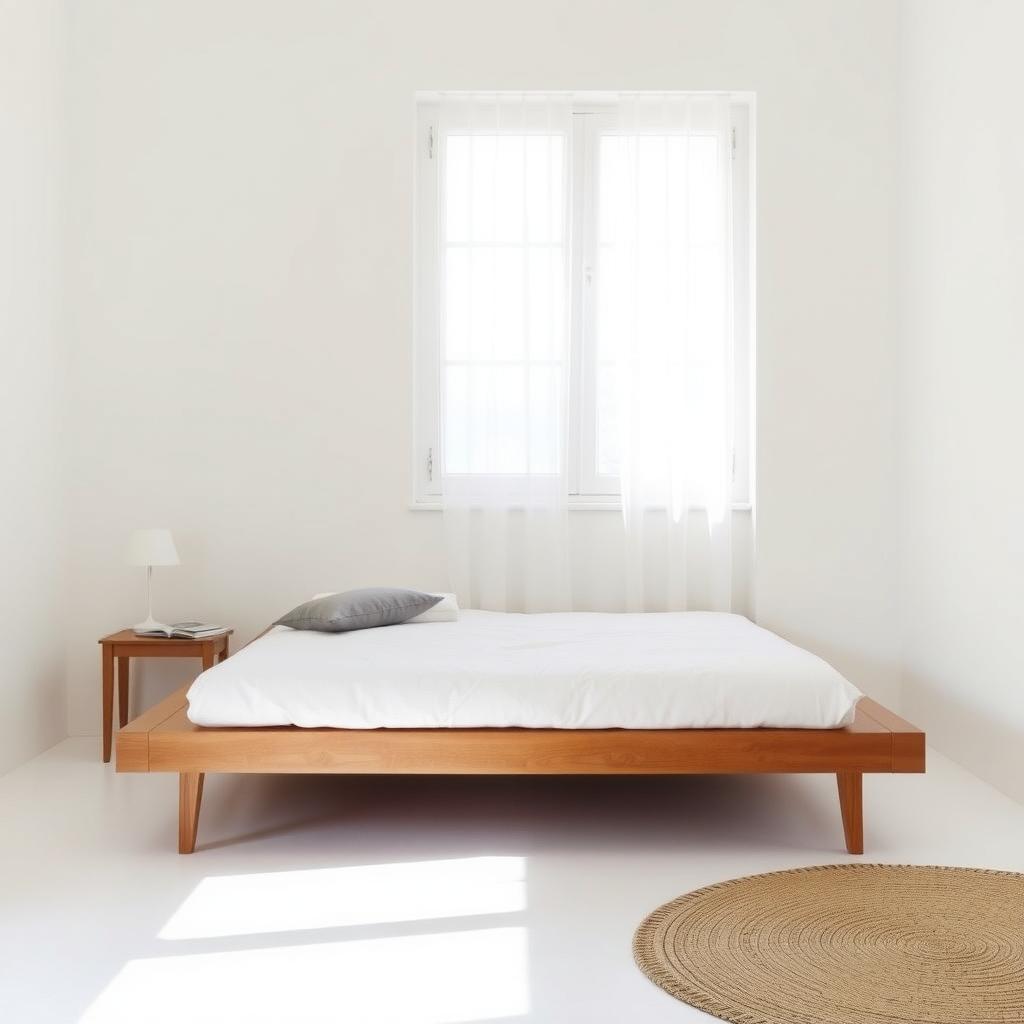 Ein minimalistisches Schlafzimmer mit einem niedrigen Holzbett, weißer Bettwäsche mit einem grauen Kissen, einem kleinen Nachttisch mit einer einfachen Lampe und einem Buch sowie einem großen Fenster mit durchsichtigen Vorhängen, die weiches Licht hereinlassen.