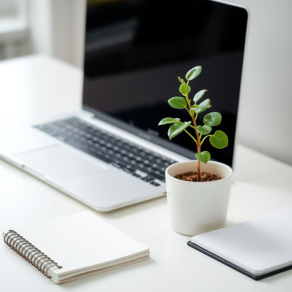Nahaufnahme eines minimalistischen Schreibtischs mit einer grünen Pflanze, einem Laptop und einem ordentlichen Notizblock.