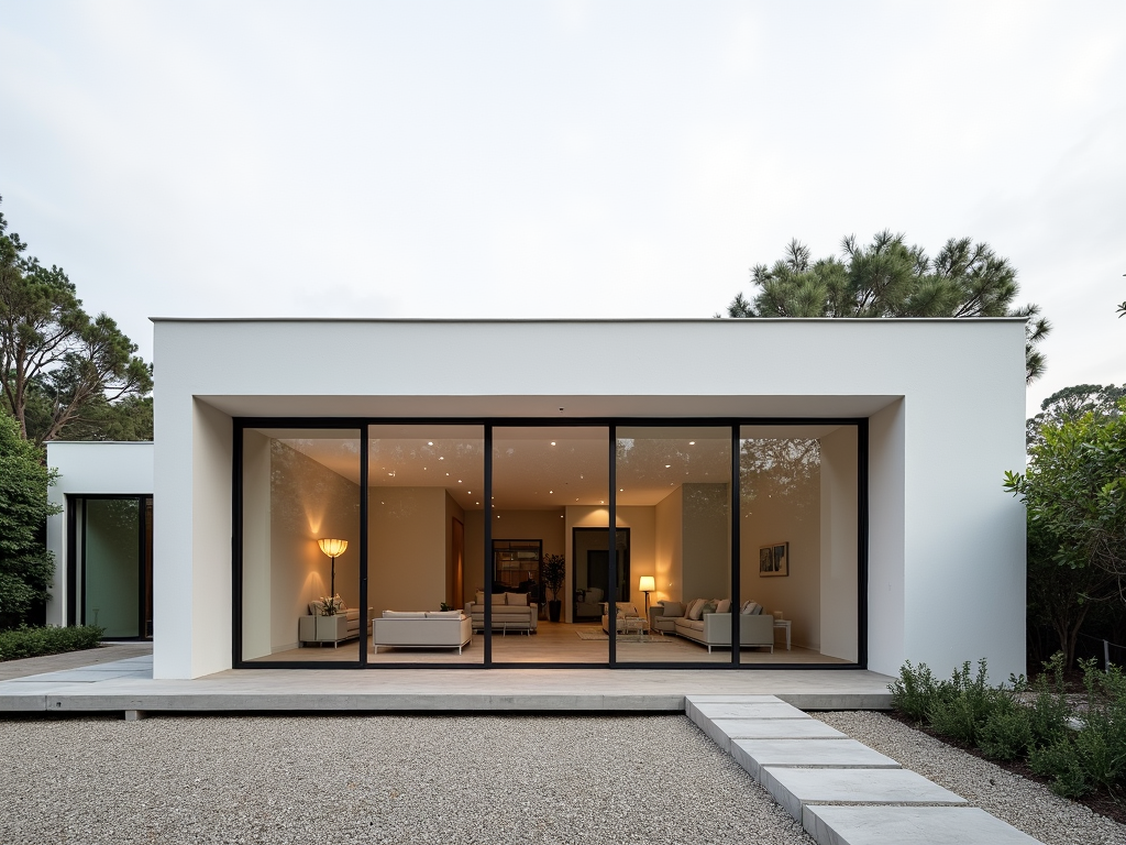 Minimalistisches Haus mit flachem Dach und großen Fenstern.