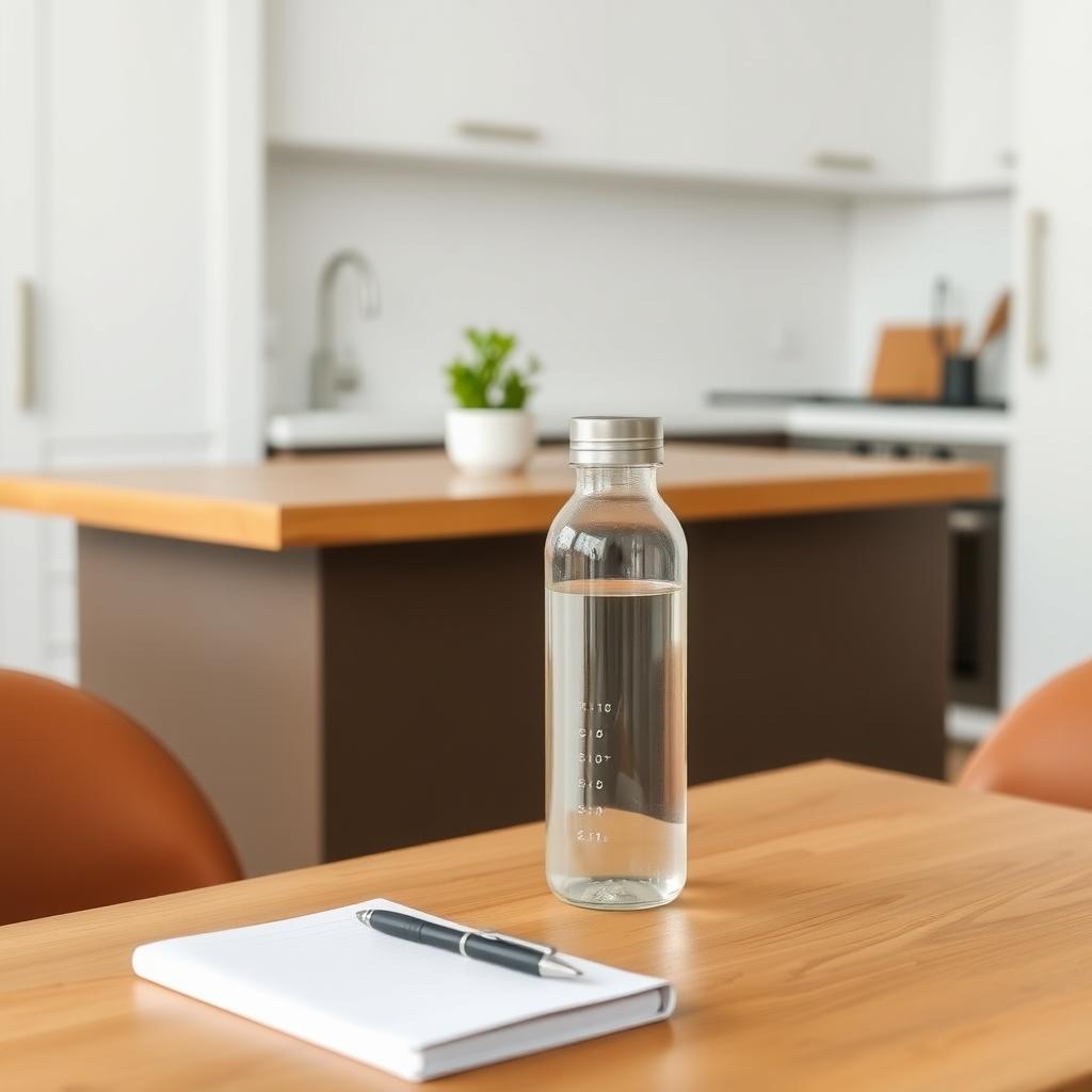 Ein minimalistischer Küchentisch mit einer wiederverwendbaren Glasflasche, einem Notizbuch und einem Stift, vor einem schlichten Küchenhintergrund.