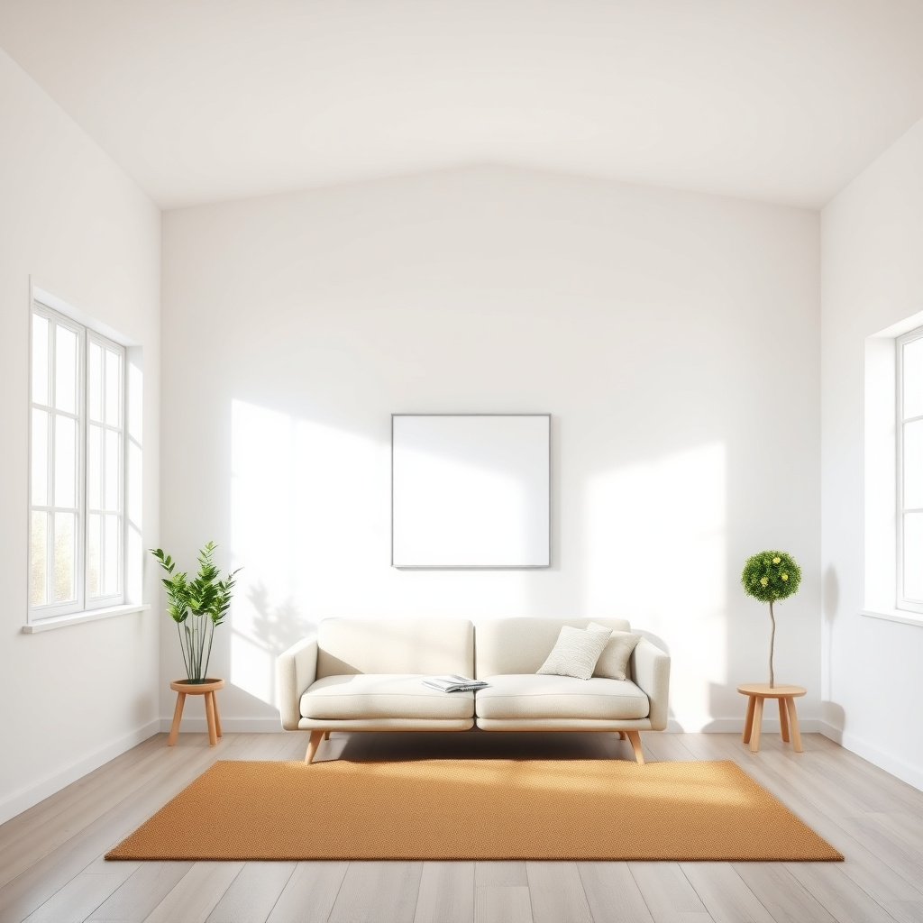 Ein minimalistisches Wohnzimmer mit einfacher Einrichtung