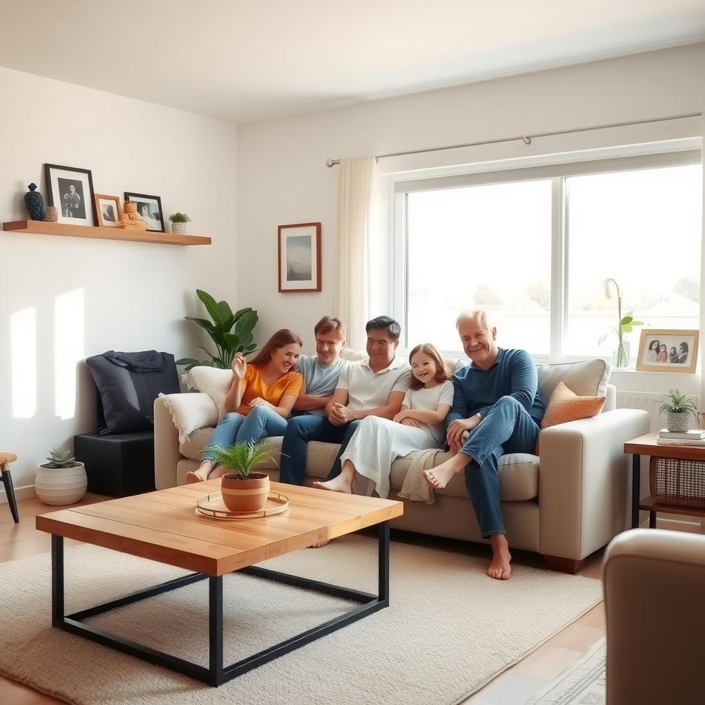 Ein gemütliches, aufgeräumtes Wohnzimmer mit einer Familie, die zusammen auf einem schlichten Sofa sitzt.