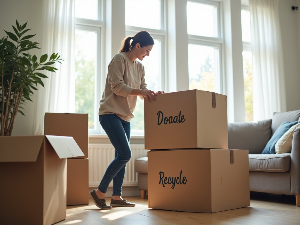 Person entrümpelt Wohnraum mit Kartons für Spenden und Recycling