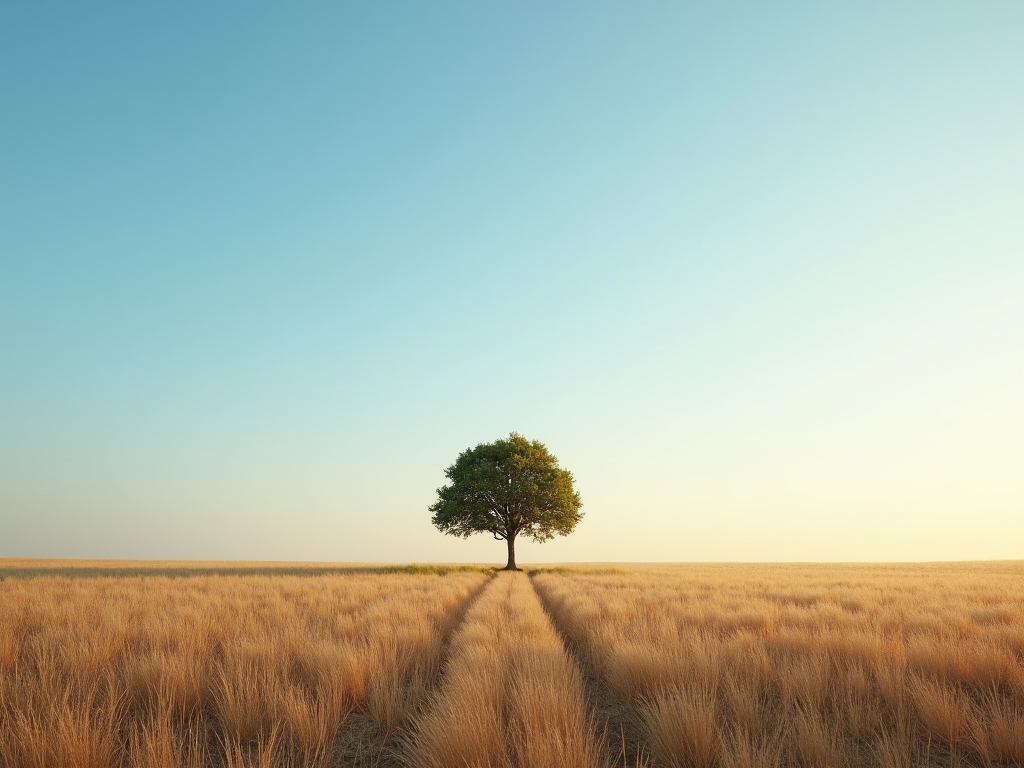 Ein einsamer Baum in einer weiten, leeren Landschaft unter einem klaren blauen Himmel.