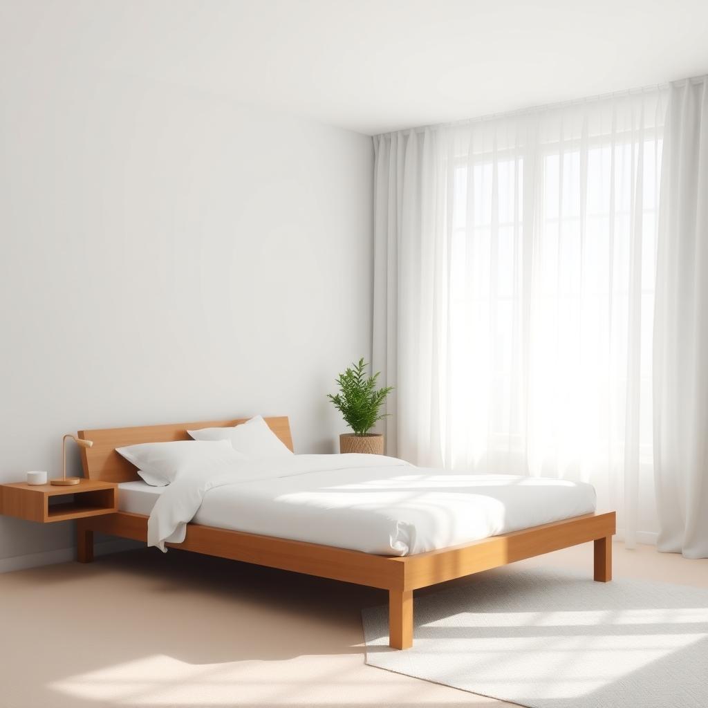 Minimalistisches Schlafzimmer mit niedrigem Holzbett, weißer Bettwäsche und einem kleinen Nachtisch.