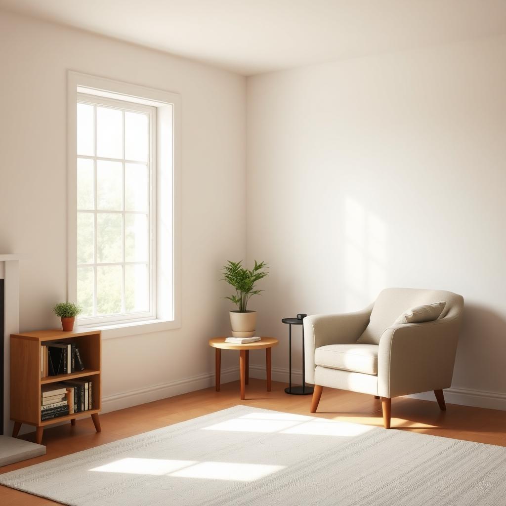 Ein minimalistisches Wohnzimmer mit einem kleinen Bücherregal, einer Pflanze und einem gemütlichen Sessel.