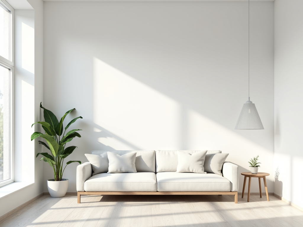 Ein minimalistisches Wohnzimmer mit weißen Wänden, einem einzelnen Sofa, einem kleinen Couchtisch und einer Topfpflanze.