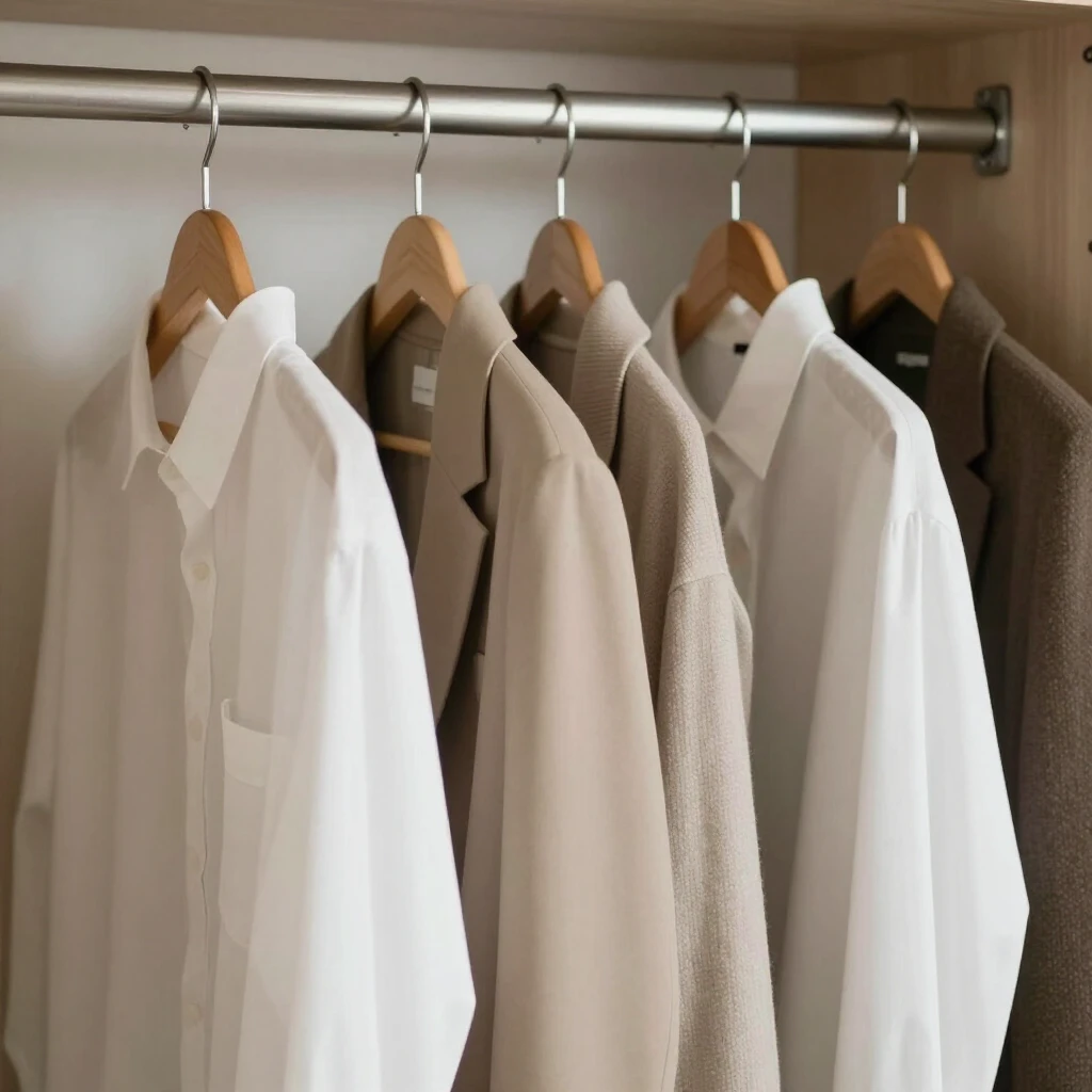 Ein aufgeräumter, minimalistischer Kleiderschrank mit wenigen neutralen Kleidungsstücken, die ordentlich hängen