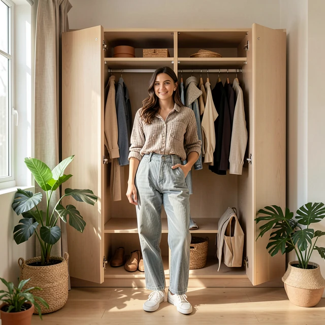 Frau vor minimalistischer Garderobe mit Second-Hand-Mode