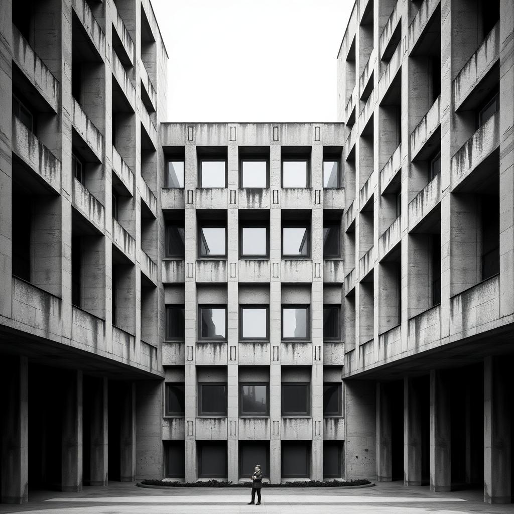 Schwarz-weißes Foto eines brutalistischen Gebäudes mit sich wiederholenden geometrischen Mustern, wie gleichmäßig angeordneten Fenstern, und einer kleinen menschlichen Figur im Vordergrund für Maßstabsgefühl.