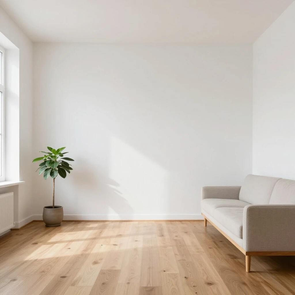 Ein ruhiges, minimalistisches Wohnzimmer mit weißen Wänden, Holzboden, einem Sofa, einer Pflanze und natürlichem Licht