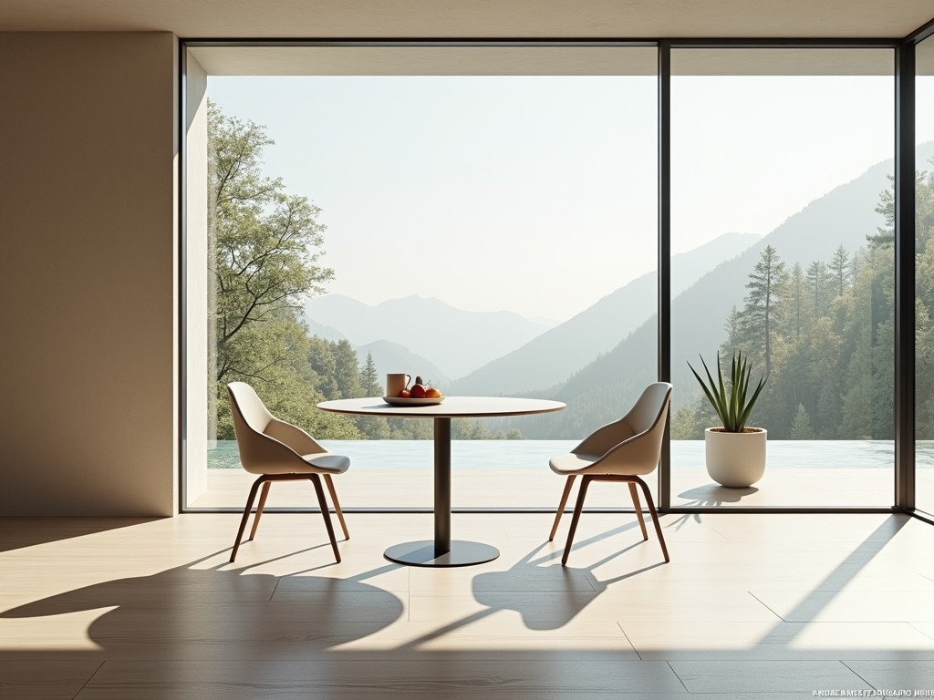A simple dining area with a single table and two chairs, overlooking a vast scenic view.
