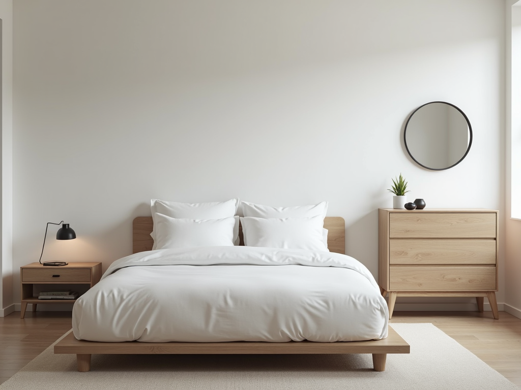 Ein minimalistisches Schlafzimmer mit einem niedrigen Plattformbett, weißer Bettwäsche und schlichten Möbeln in neutralen Farben.