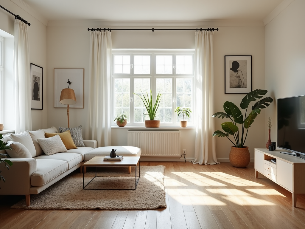 Ein aufgeräumtes Wohnzimmer mit minimalistischer Einrichtung.