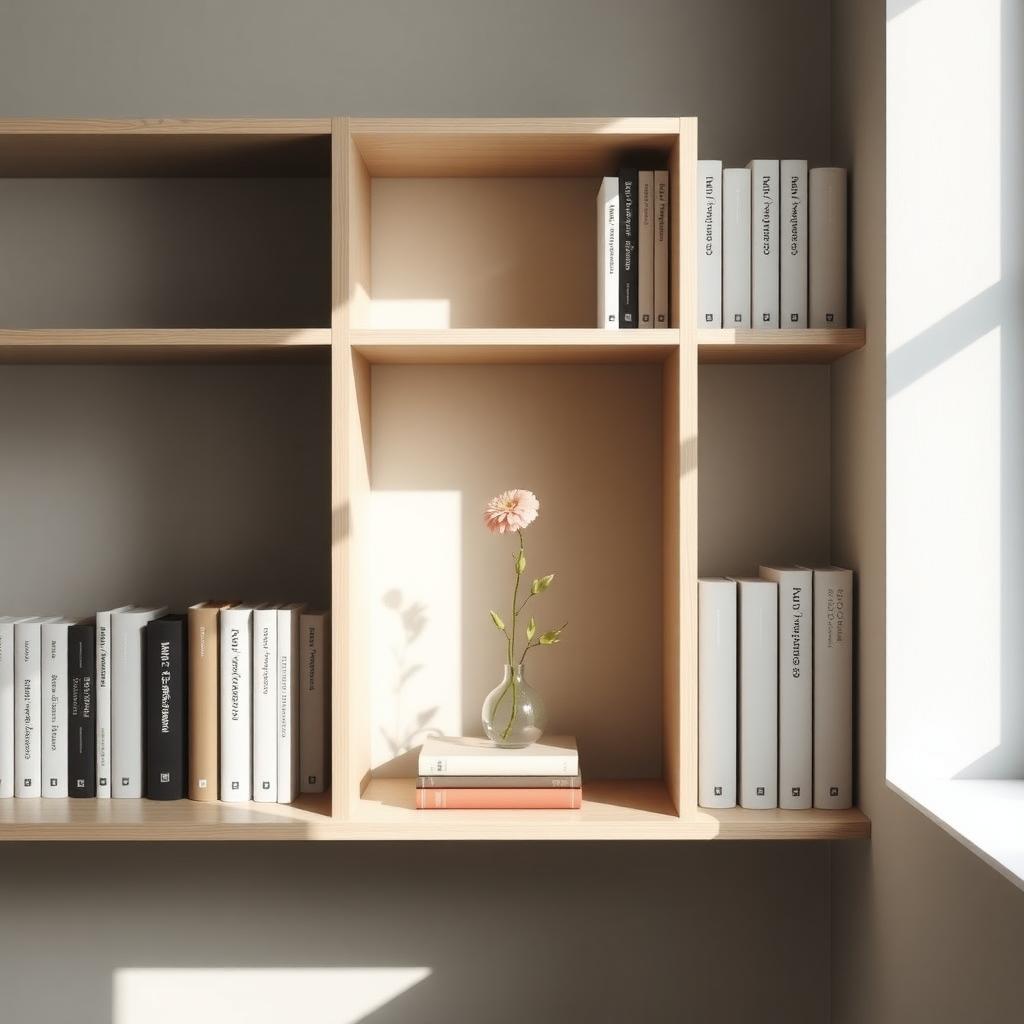 Ein minimalistisches Bücherregal mit wenigen Büchern