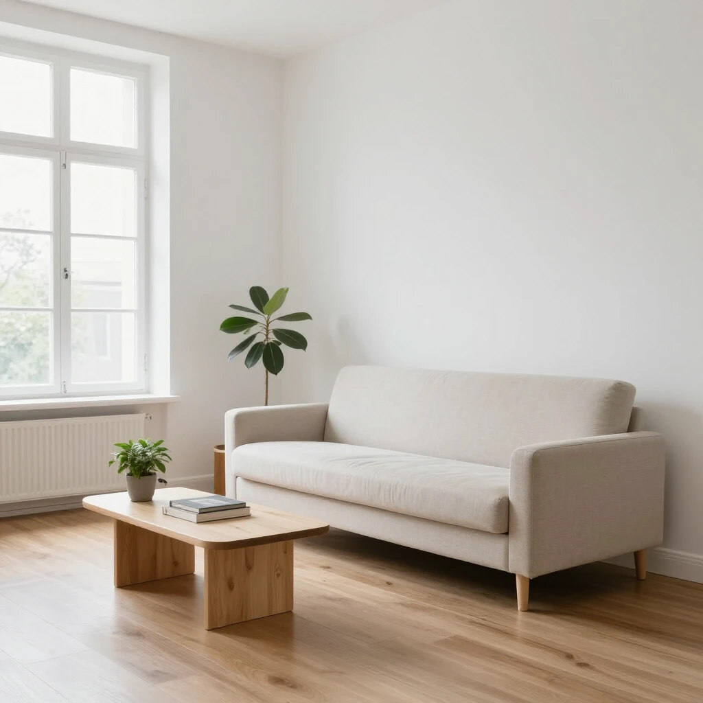 Ein ruhiges, minimalistisches Wohnzimmer mit weißen Wänden, Holzboden, einem bequemen Sofa, einem kleinen Tisch mit einem Buch und einer Pflanze sowie natürlichem Licht durch große Fenster