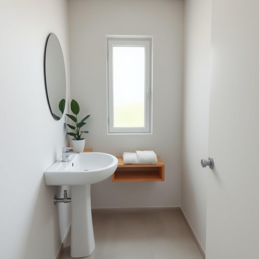 Ein minimalistisches Badezimmer mit weißem Waschbecken, einer Topfpflanze auf einem Holzregal, einem gefalteten weißen Handtuch und sanftem Tageslicht durch ein Milchglasfenster.