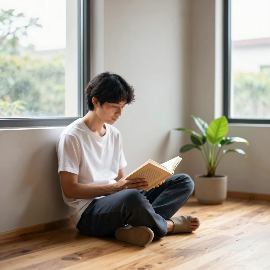 Person liest Buch über Nachhaltigkeit in minimalistischem Raum