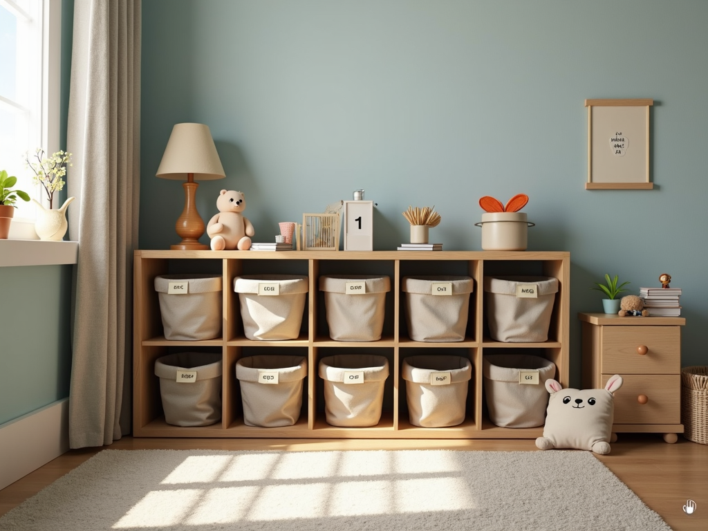 Ein aufgeräumtes Kinderzimmer mit beschrifteten Aufbewahrungsboxen und Regalen