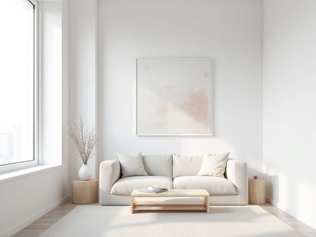 Minimalistisches Wohnzimmer mit weißen Wänden und einfachen Möbeln