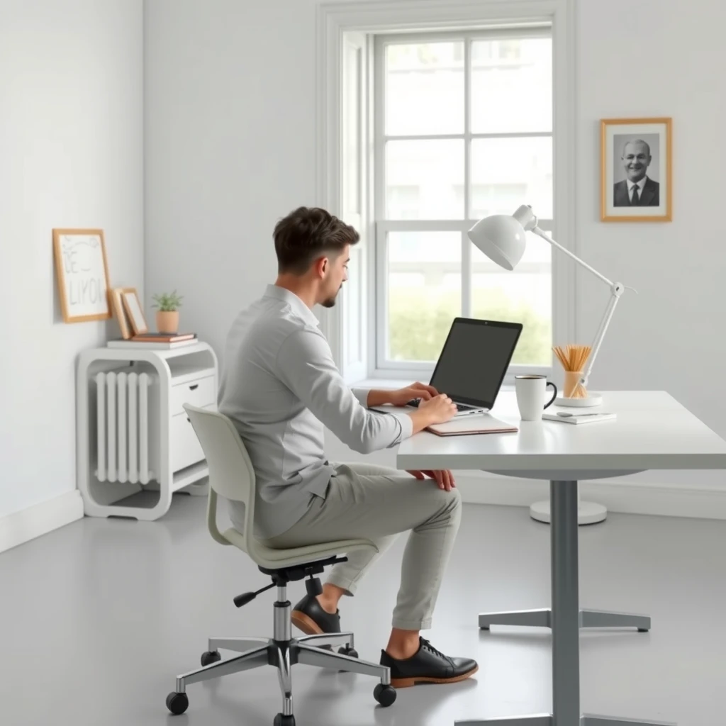 Eine Person sitzt ruhig an einem sauberen Schreibtisch mit nur Laptop, Notizbuch und Kaffeetasse in einem hellen, minimalistisch eingerichteten Raum