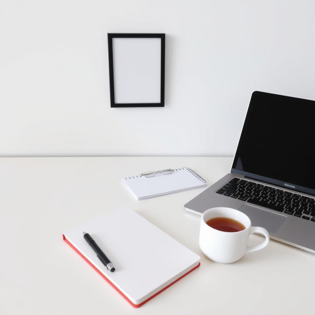 Ein aufgeräumter Schreibtisch mit Laptop, Notizbuch, Stift und einer Tasse Tee vor einer weißen Wand mit kleinem Bilderrahmen.