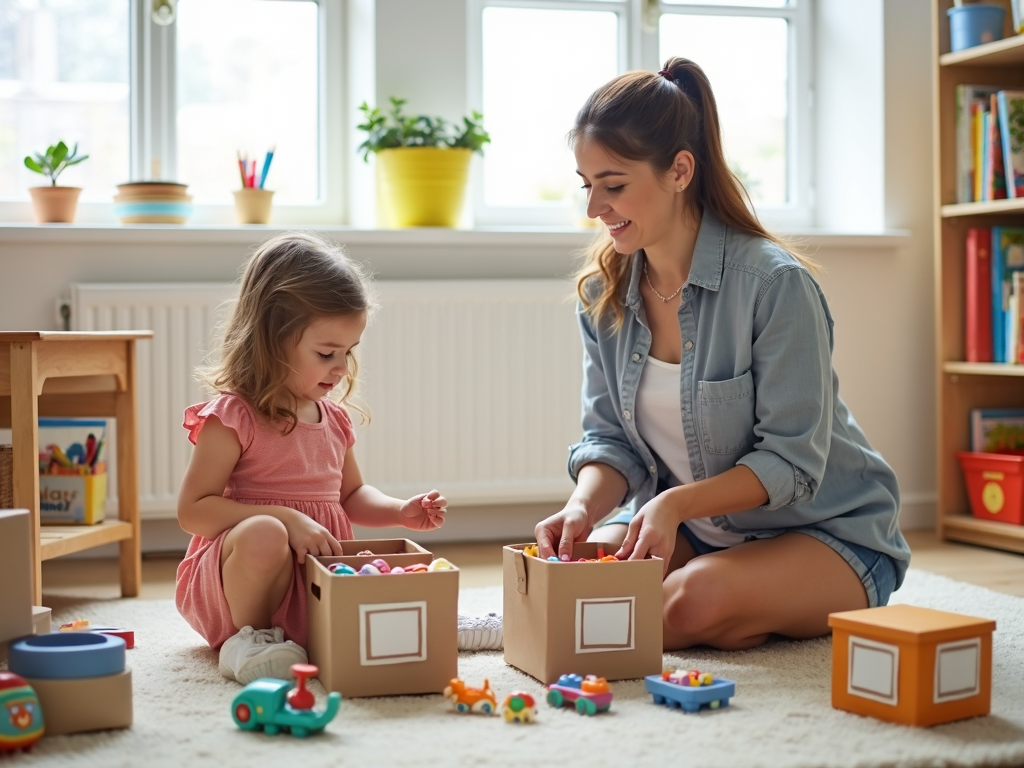 Ein Elternteil und ein Kind räumen gemeinsam in einem hellen, fröhlichen Kinderzimmer auf, wobei das Kind Spielzeug in beschriftete Behälter legt und das Elternteil Bücher auf einem Regal organisiert.