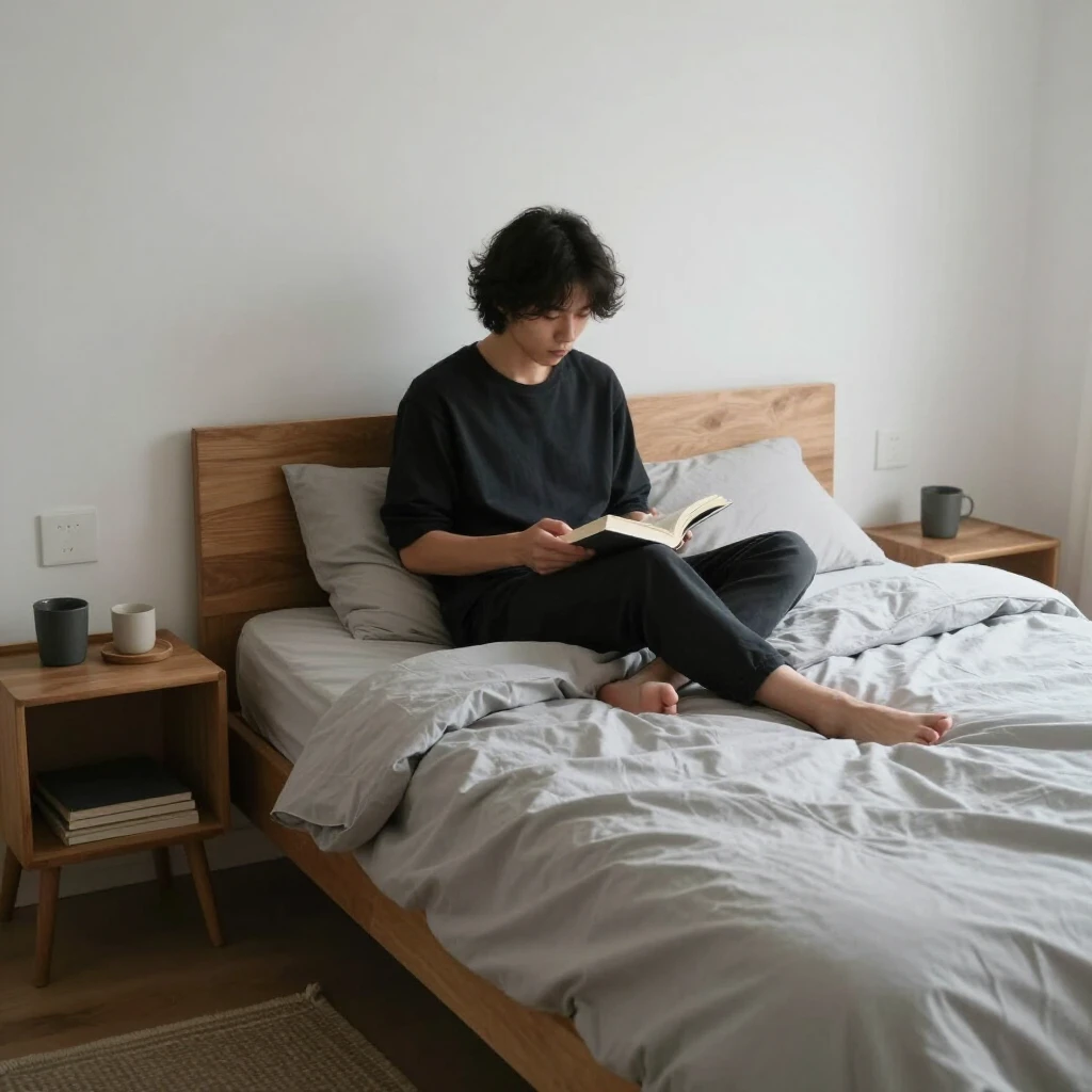 Eine Person sitzt ruhig in einem aufgeräumten Schlafzimmer, liest ein Buch, mit minimalen Möbeln und weichem Licht, das Frieden und Einfachheit vermittelt